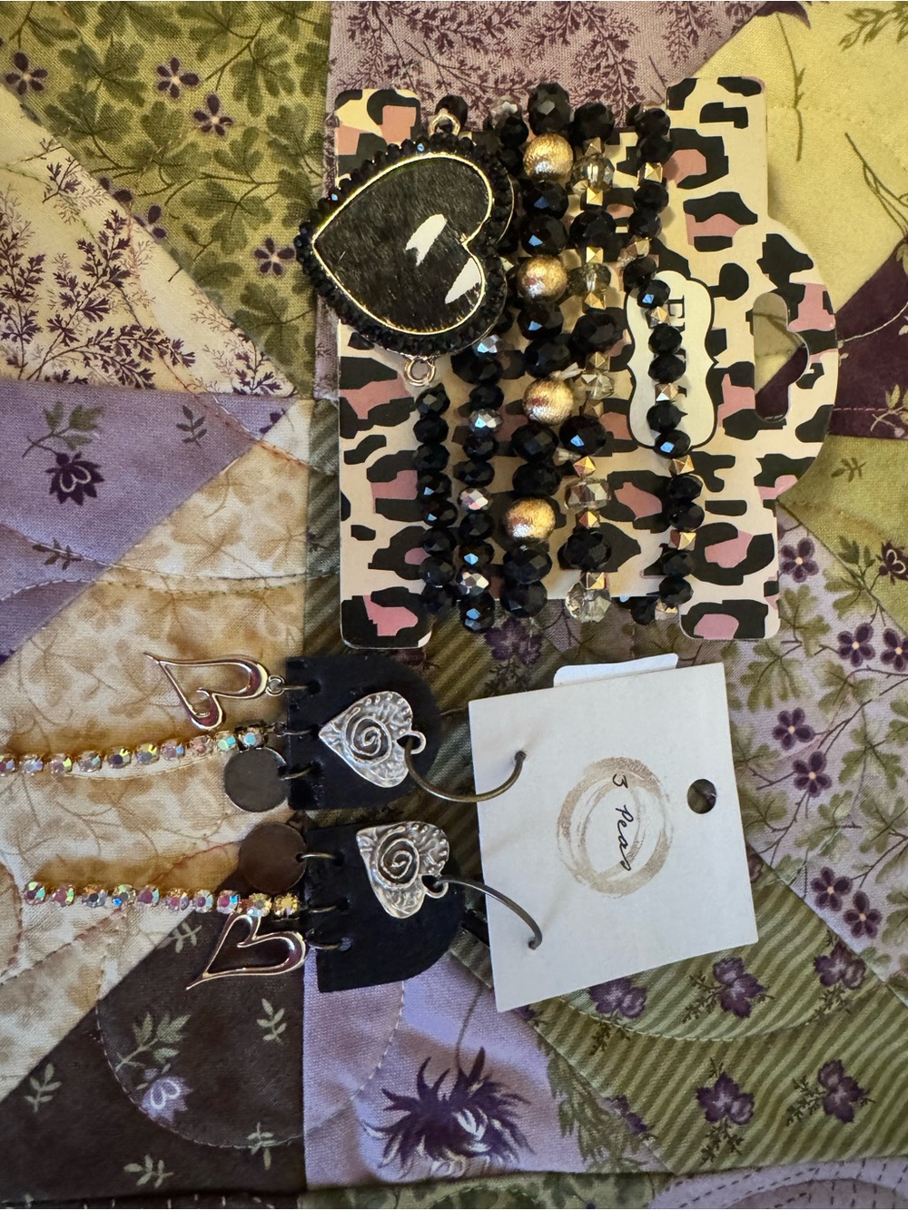Heart Charm Black Bead Bracelet Stack with Earrings